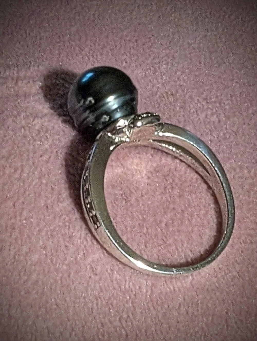 Cultured Black Tahitian Pearl W/ White Zircon Rhodium Over 925 Sterling Ring Sz8
